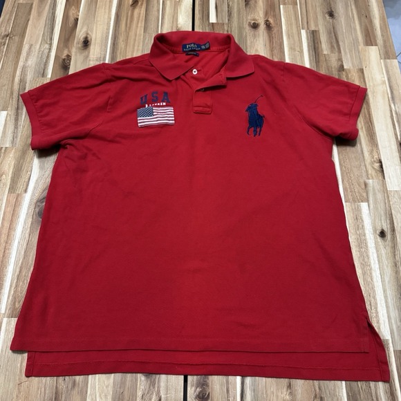 Polo Ralph Lauren Other - Ralph Lauren Polo Shirt Mens 2XL Red Custom Fit Big Pony USA Flag Rugby Preppy‎